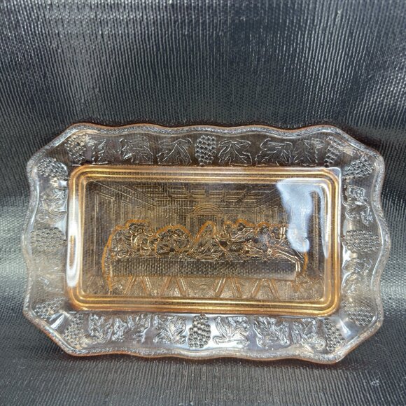 Vintage Tiara Indiana Glass Plate Tray Orange Pink The Last Supper Glass Dish - Picture 11 of 12